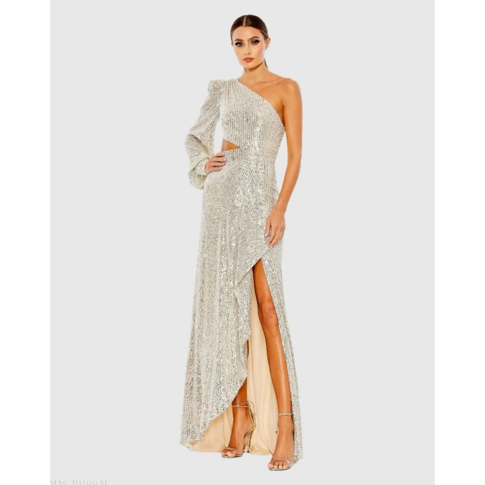 Mac Duggal Sz 10 Silver 26730 Sequin Cutout One-Shoulder Gown Dress Prom Formal